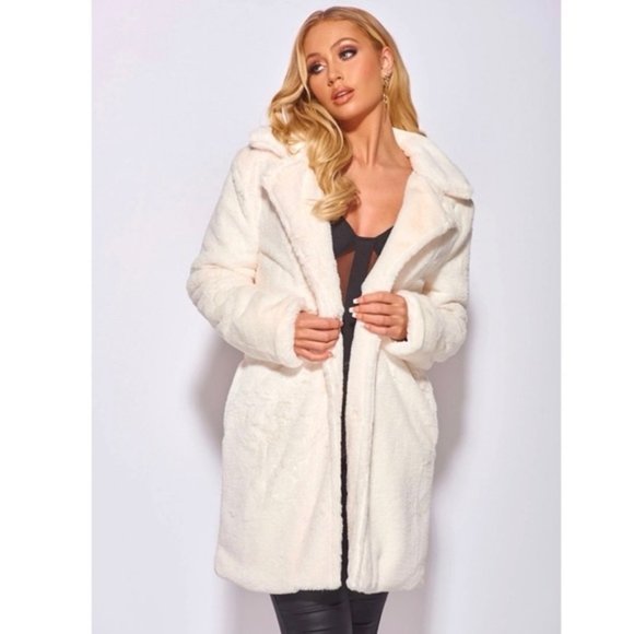 White Faux Fur Long Sleeve Collared Loose Fit Midi Coat - Picture 1 of 14